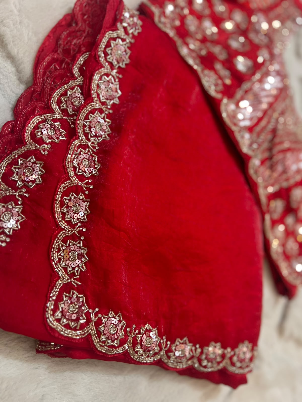 Beautiful Red Color Fendy Tissue Saree with Stitched Blouse (Free Size Till 40)