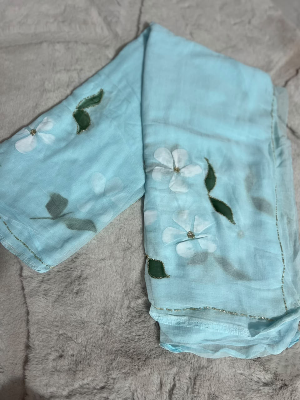 Beautiful Sky Blue Color Flower Pearl Work Saree with Blouse Piece