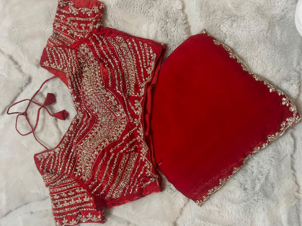 Beautiful Red Color Fendy Tissue Saree with Stitched Blouse (Free Size Till 40)