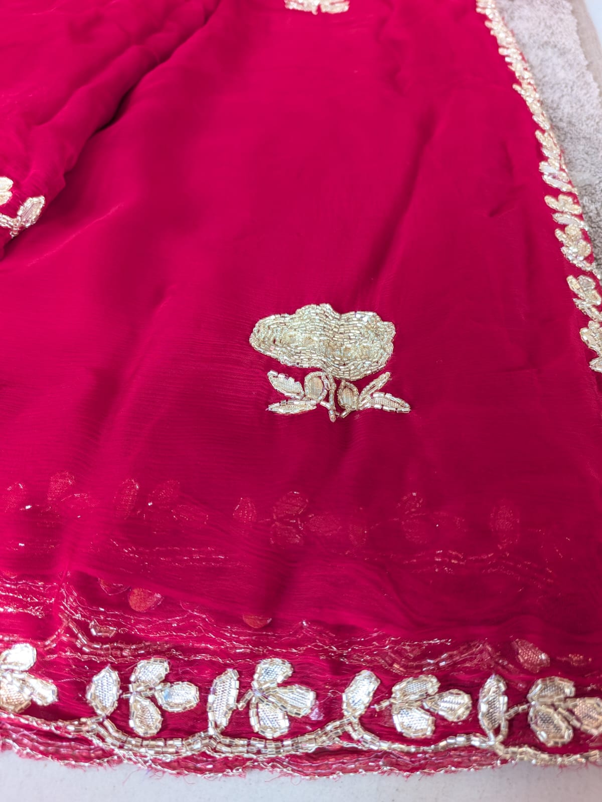 Beautiful Red Color Chiffon Saree with Flower Design and Blouse Piece