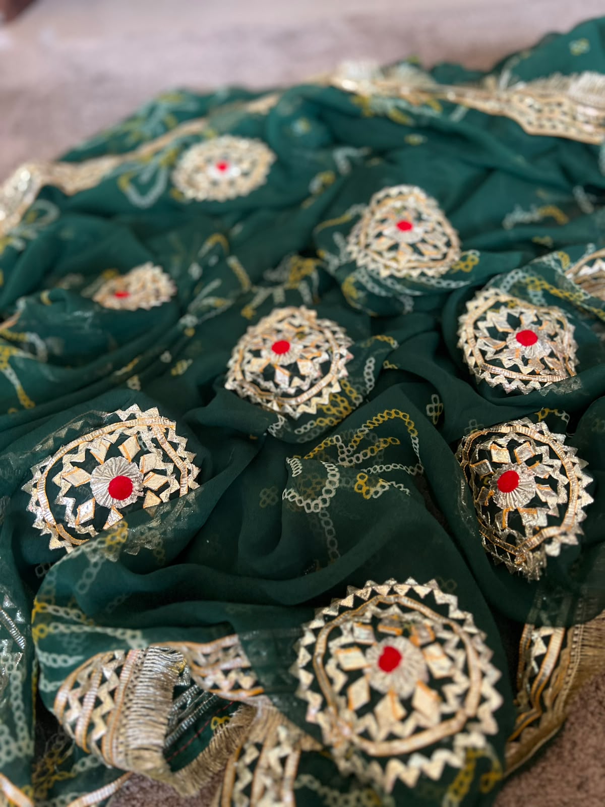 Beautiful Green Bandhini Gota Handwork Designer Saree with Blouse Piece