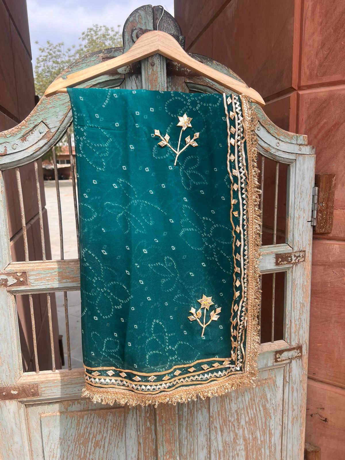 Sea Green Bandhini Gota Designer Saree with Running Blouse