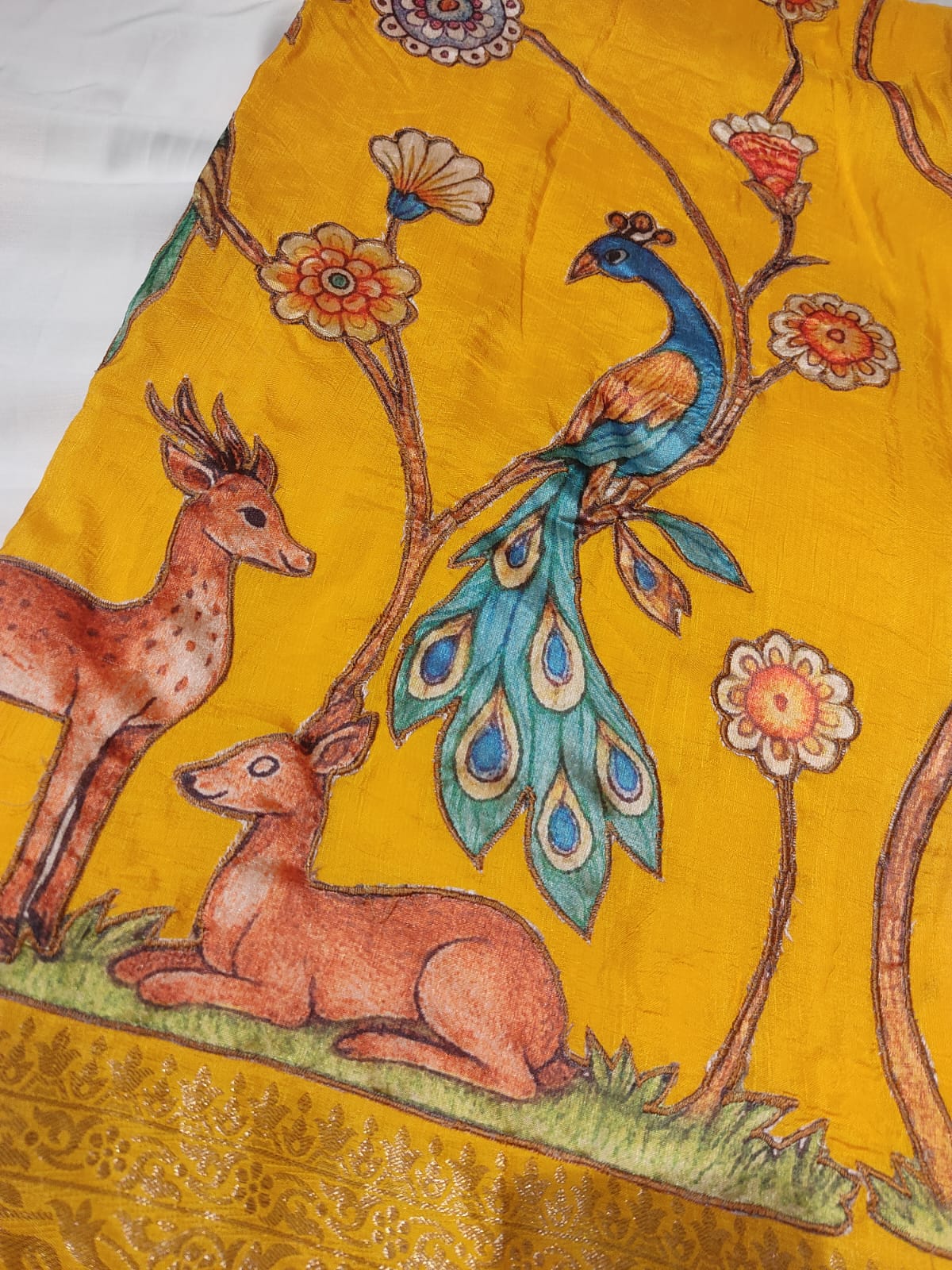 Beautiful Musturd Yellow Color Peacock Design Saree with Blouse Piece