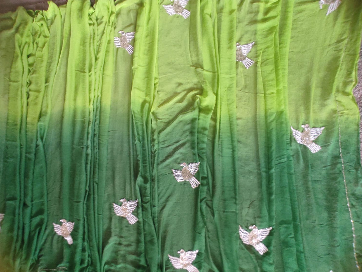 Beautiful Green Shaded Bird Design Chiffon Saree with Blouse Piece