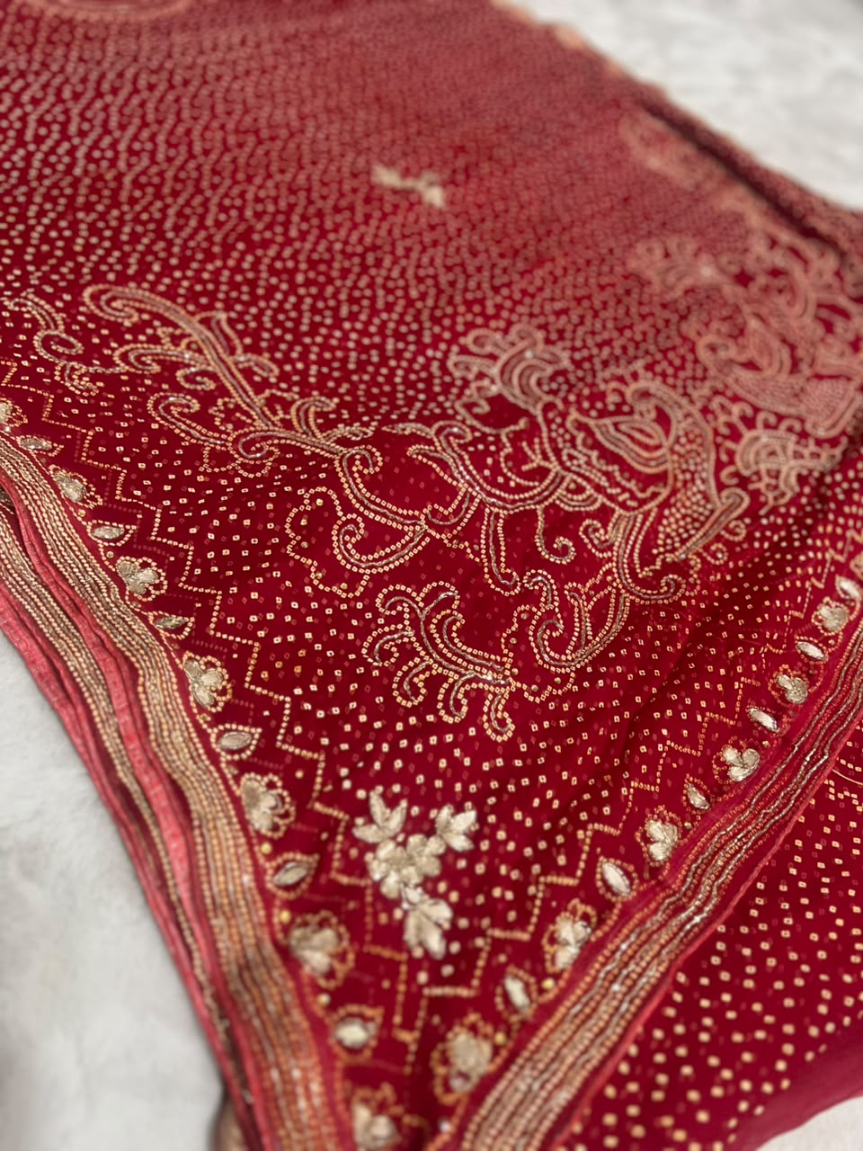 Beautiful Pure Chiffon Bandhini Print and Hand Gota Work Saree with Same Fabric Blouse Piece