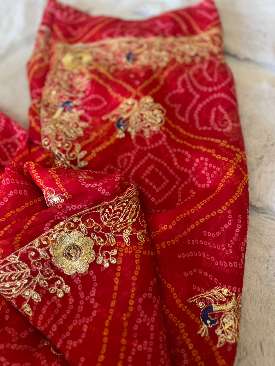 Beautiful Soft Chiffon Bandhini Saree with Lovely Kasida Work