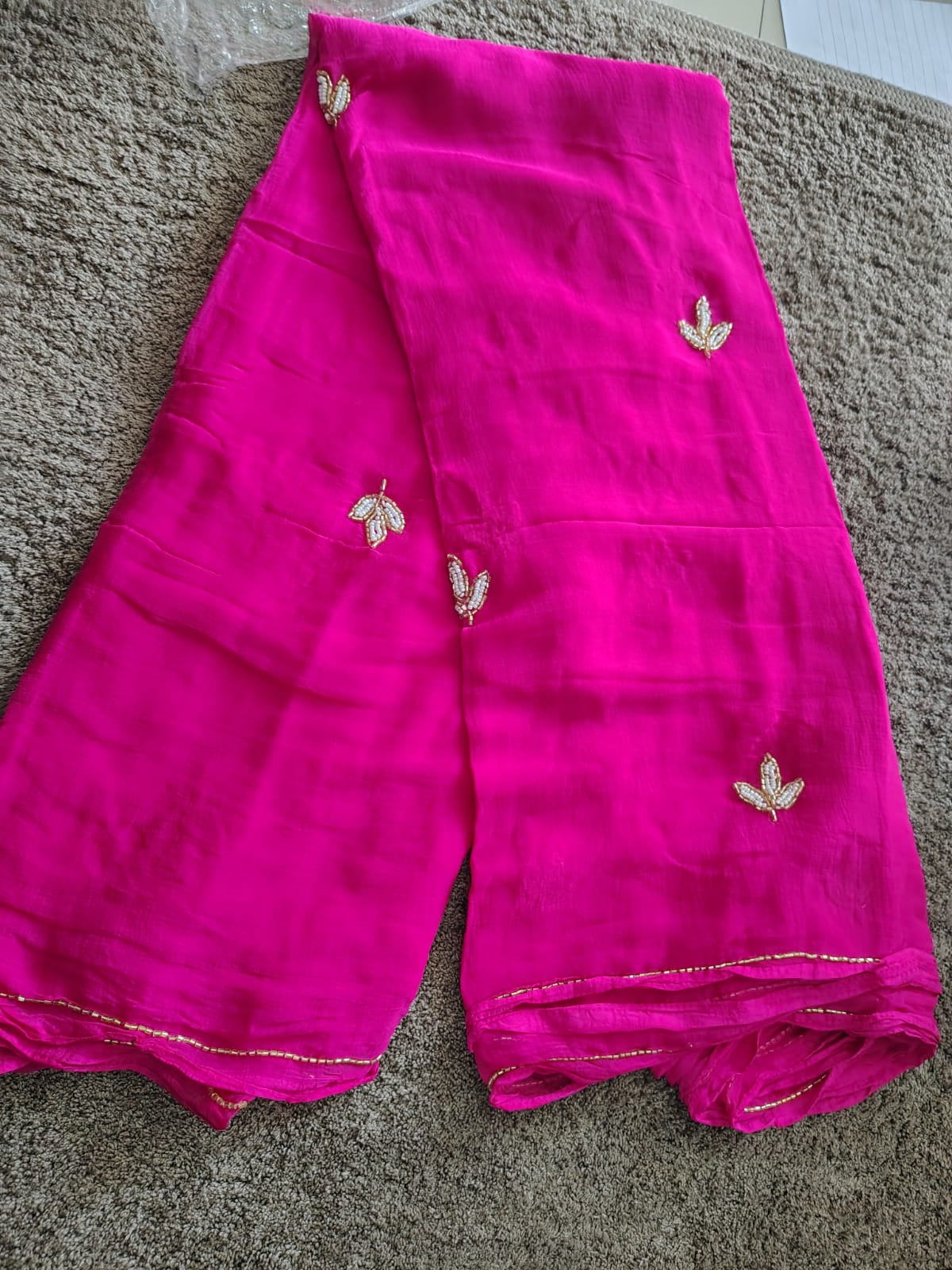 Soft Chiffon Pearl Work Magenta Pink Saree with Blouse Piece