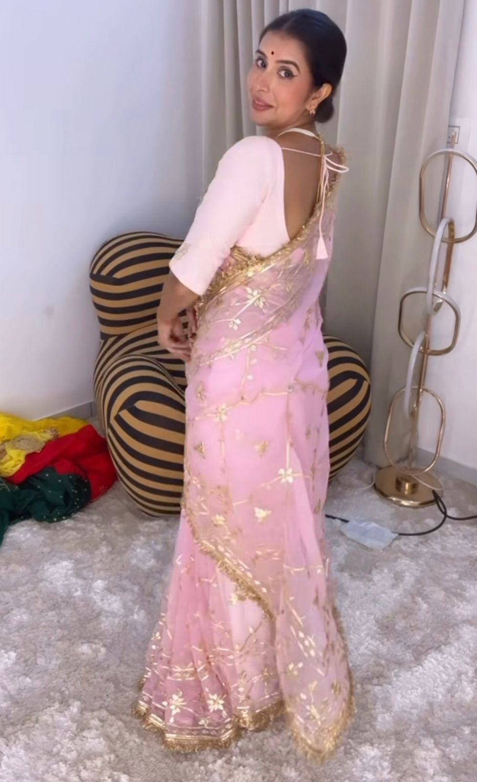 Pink Chiffon Gota Zaal Work Saree with Fuchsia Pink Blouse Piece