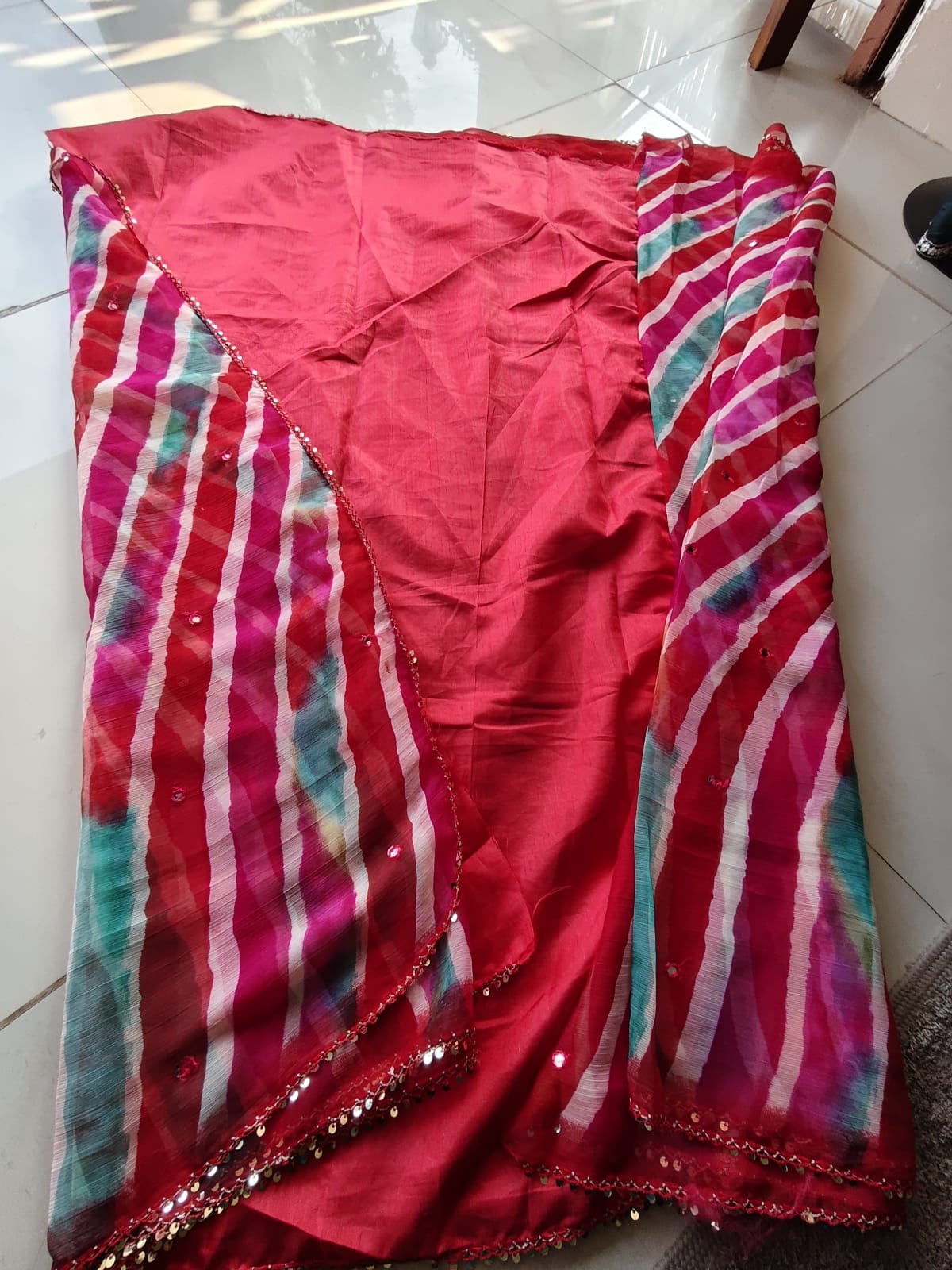 Beautiful Lahariya Mirror Work Saree with Blouse Piece