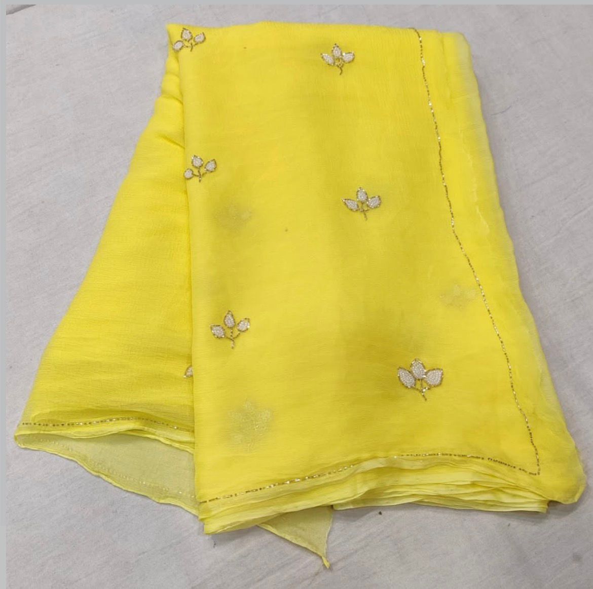 Soft Chiffon Pearl Work (Teen Patti Buti Design) Lemon Yellow Saree with Same Fabric Blouse Peice