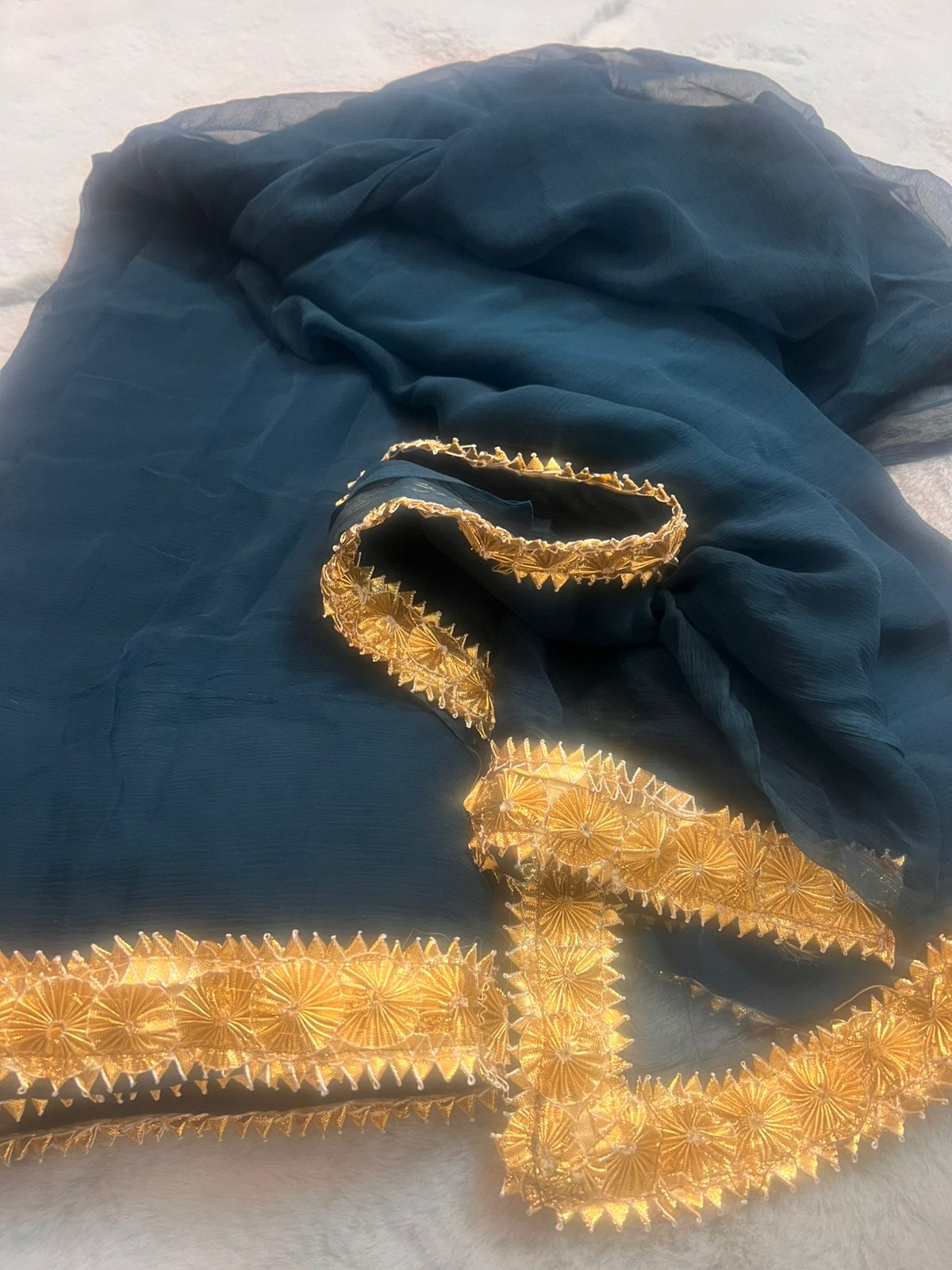 Navy Blue Pure Chiffon Saree with Beautiful Rajasthani Border and Pure Crêpe Blouse Piece
