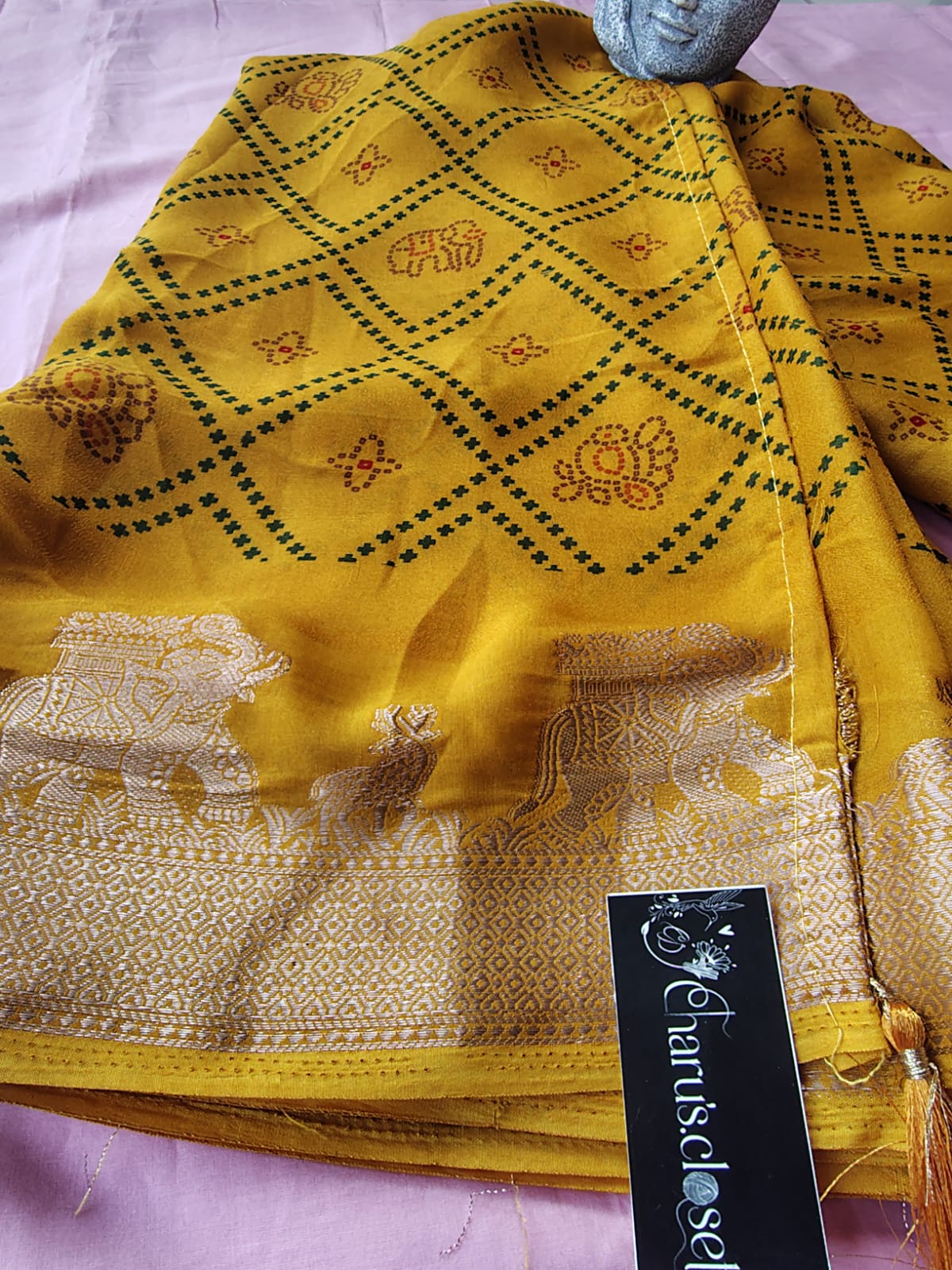Beautiful Yellow Color Bandhini Mosmelo Saree with Designer Border