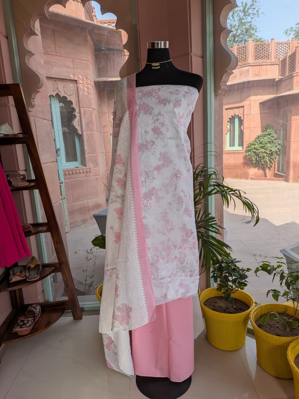 Light Pink Organza Suit with Embroidery Work and Printed Lining Fabric (Unstitched)