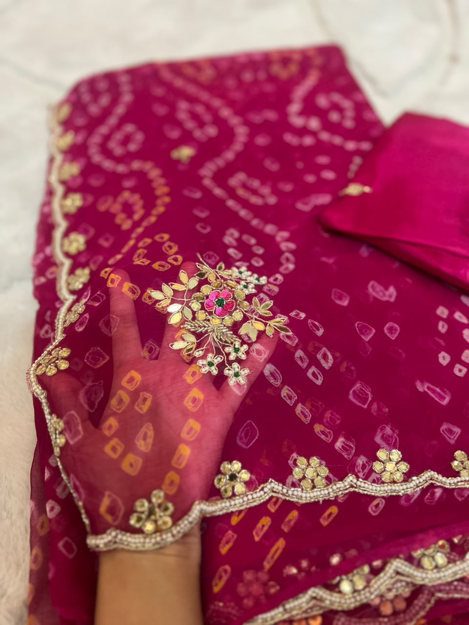 Beautiful Pure Chiffon Hand Bandhini Saree with Pear and Gota Work and Blouse Piece