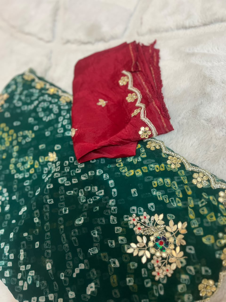 Beautiful Pure Chiffon Hand Bandhini Green Saree with Pear and Gota Work and Blouse Piece