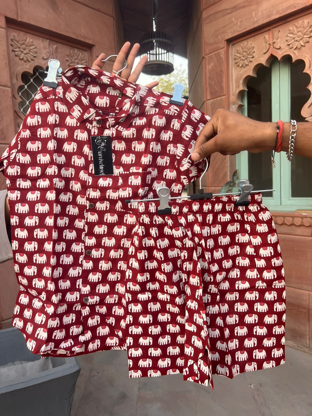 Beautiful Red Color Elephant Print Cotton Set