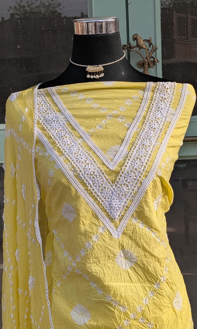 Lace Work Cotton Suit with Hand Bandhej Chiffon Dupatta (Unstitched)
