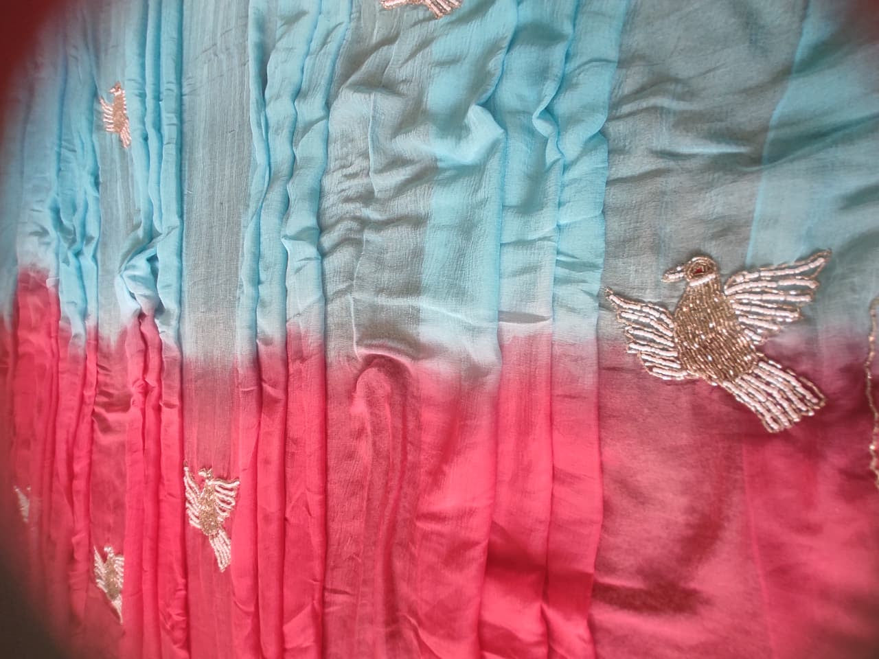 Sky Blue and Red Shaded Bird Work Chiffon Saree with Blouse Piece