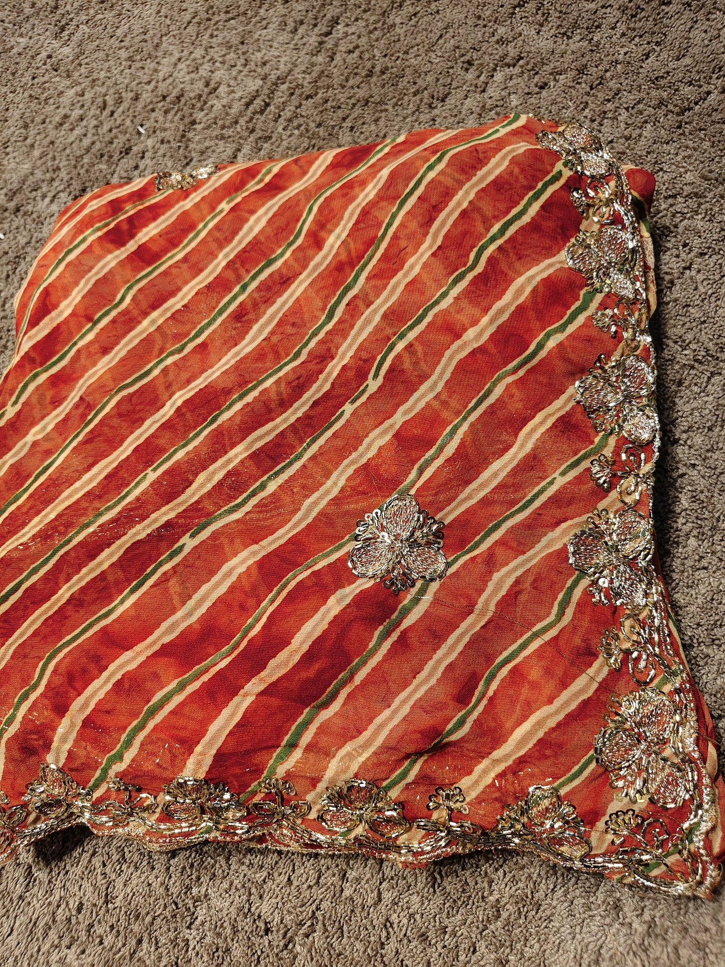 Beautiful Rust Color Lahariya Designer Saree with Heavy Border and Blouse Piece