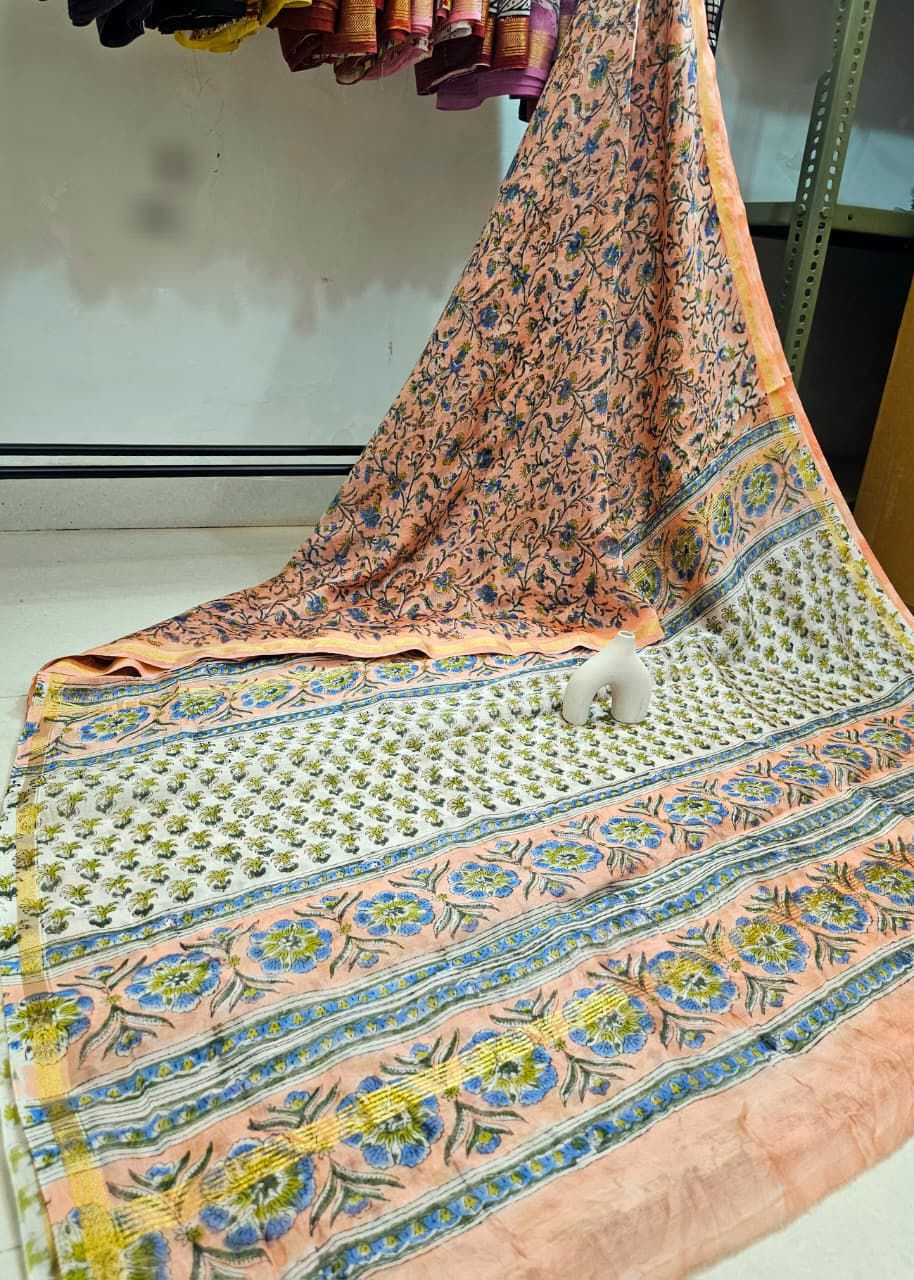 Traditional Hand Block Printed Chanderi Silk Sarees with Blouse Natural Dye n Colors