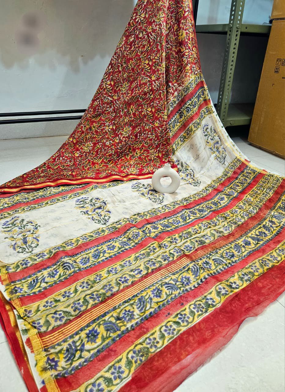 Traditional Hand Block Printed Chanderi Silk Sarees with Blouse Natural Dye n Colors
