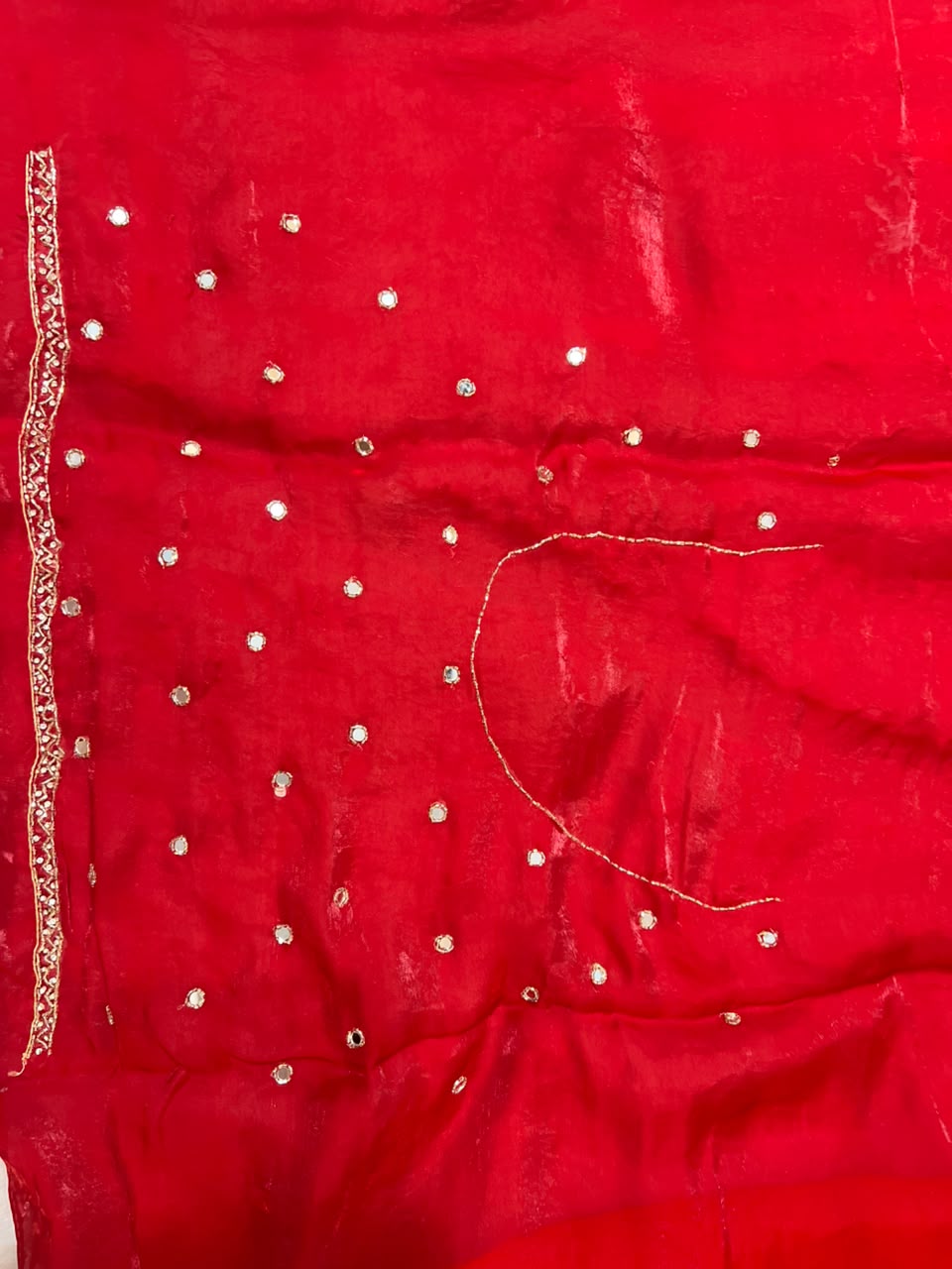 Beautiful Red Color Mirror Work Fendy Tissue Saree with Blouse Piece