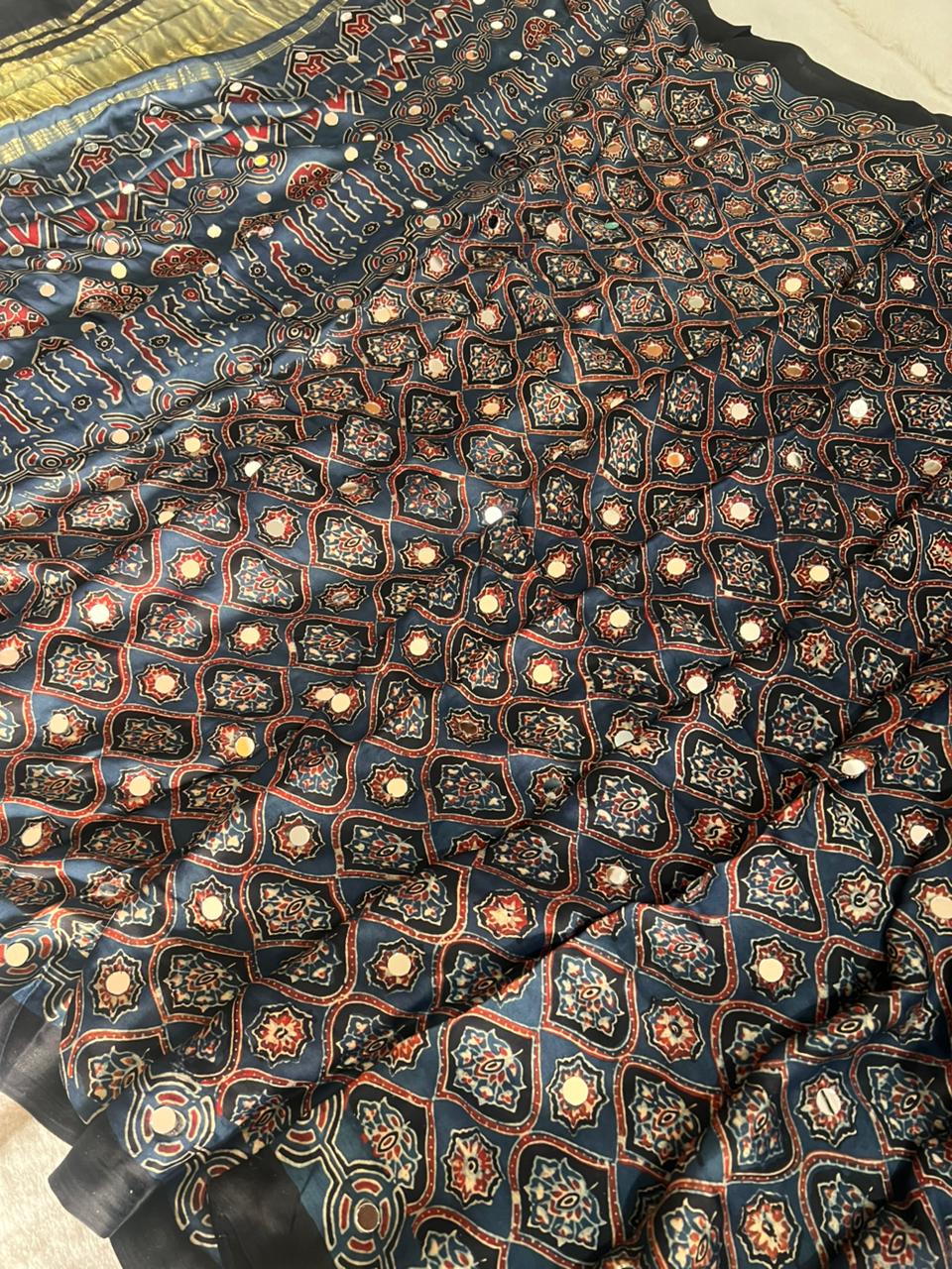 Celebrity Inspired Modal Silk Ajrakh Print Mirror Work Saree