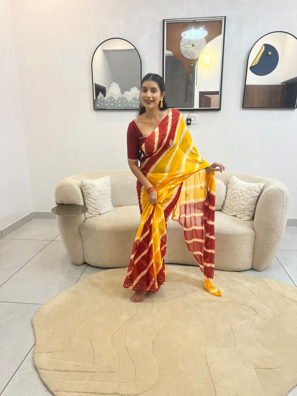 Beautiful Red and Yellow Soft Chiffon Minimal work Lahariya Saree