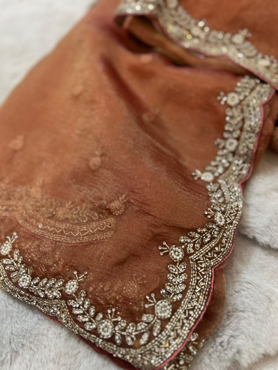 Beautiful Cheeku Color Fendy Tissue Pearl and Diamond Cut Work Saree