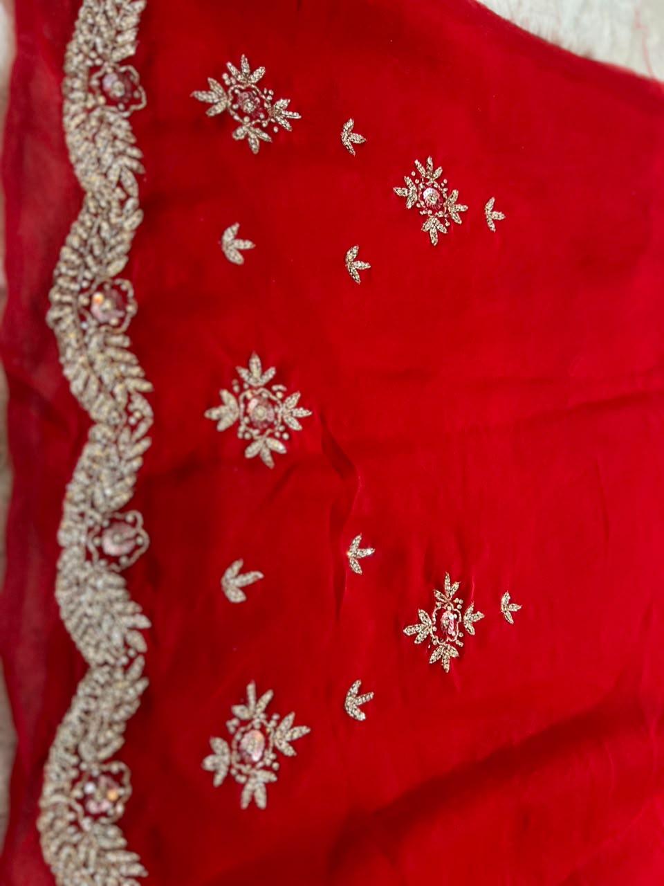 Beautiful Red Color Fendy Tissue Pearl and Diamond Cut Work Saree