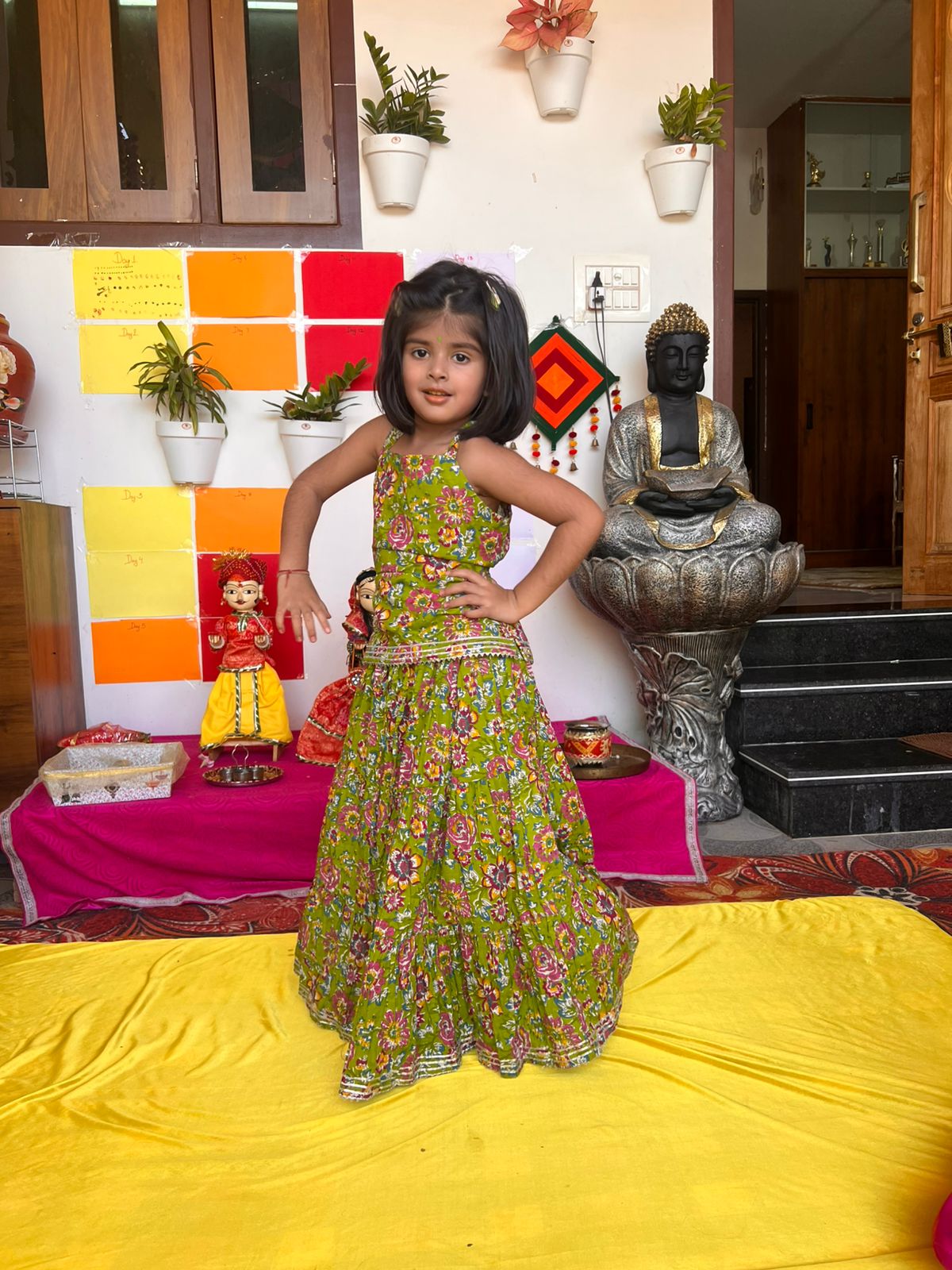 Beautiful Printed Mehndi Green Kurti and Long Skirt (4-5 Year Kid)