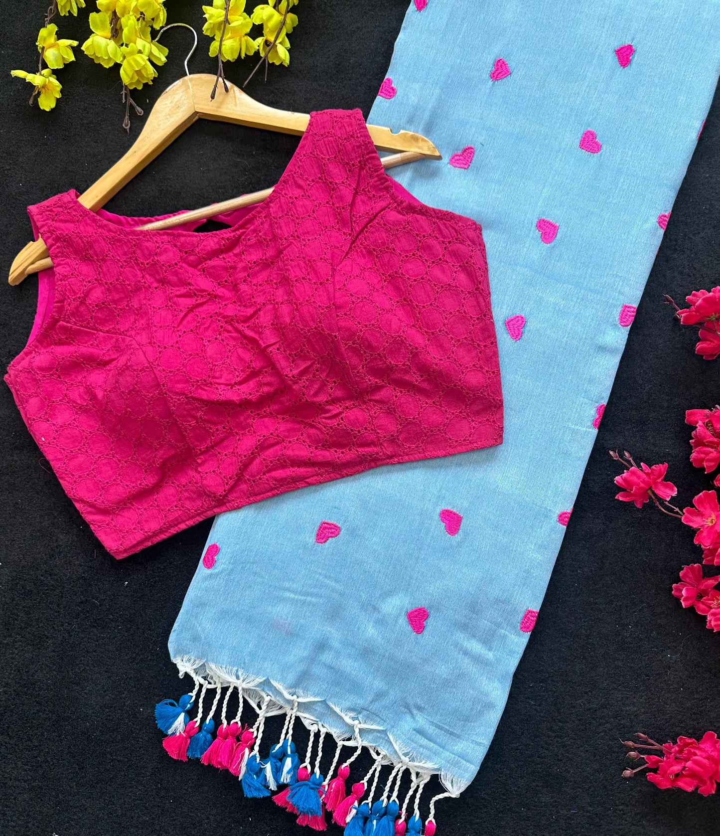 Khadi cotton Sky Blue saree With Heart Emboridary And Beautiful Havy Hakoba Cotton Blouse*💝