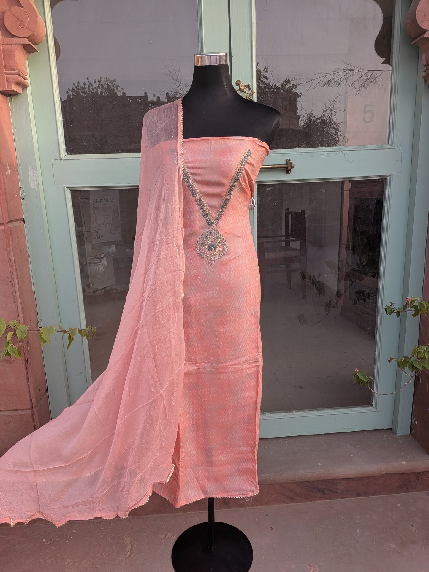 Tissue Thread Worked Neckline Suit with Chiffon Mukesh Dupatta (Unstitched)