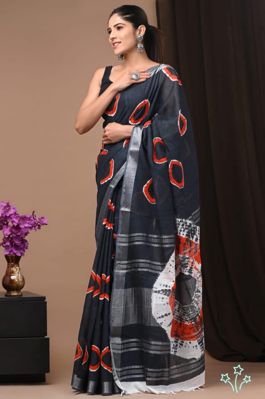 Beautiful Black and Orange Linen Cotton Saree
