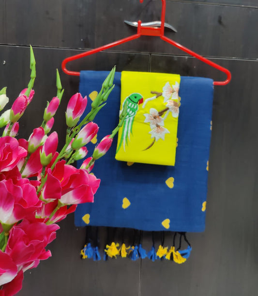 Blue Embroided Saree With Yellow Blouse