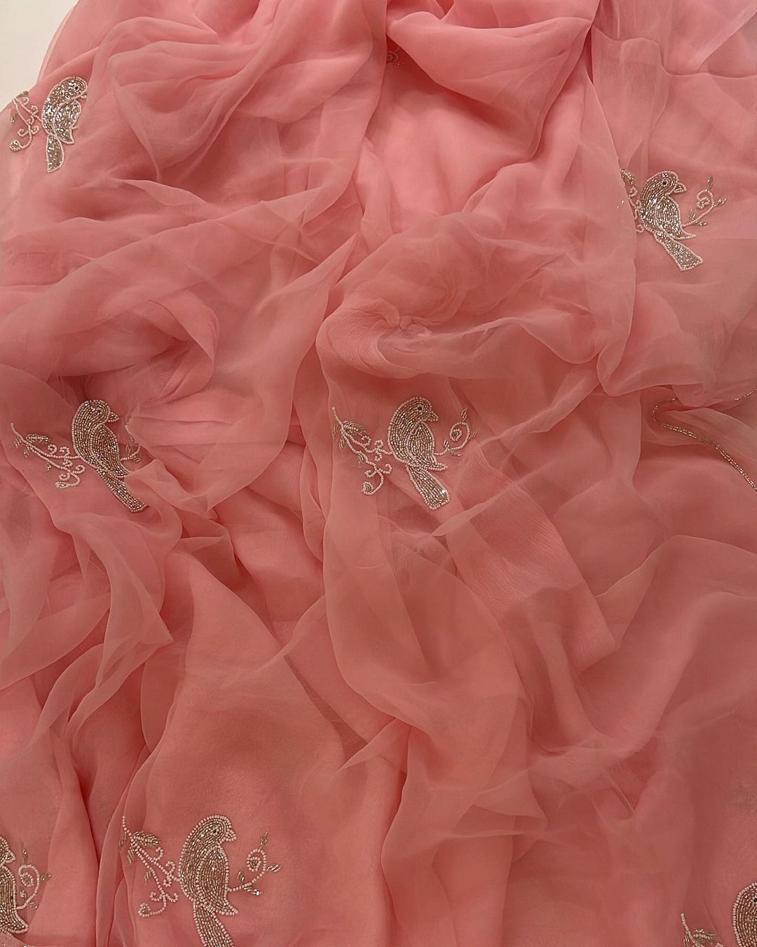 Peach Color Chiffon Saree with Pearl Bird Work