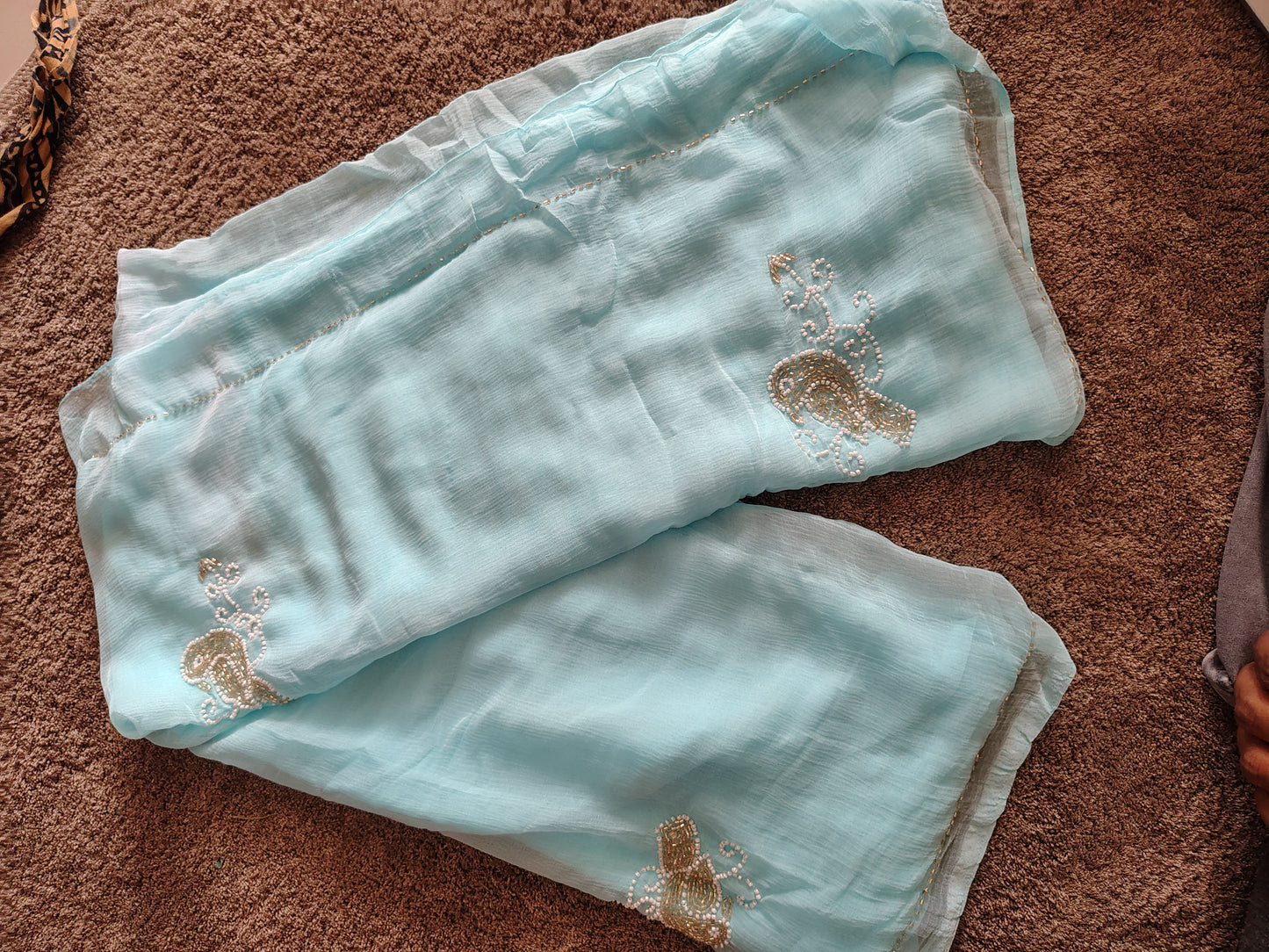 Sky Blue Color Chiffon Saree with Pearl Bird Work