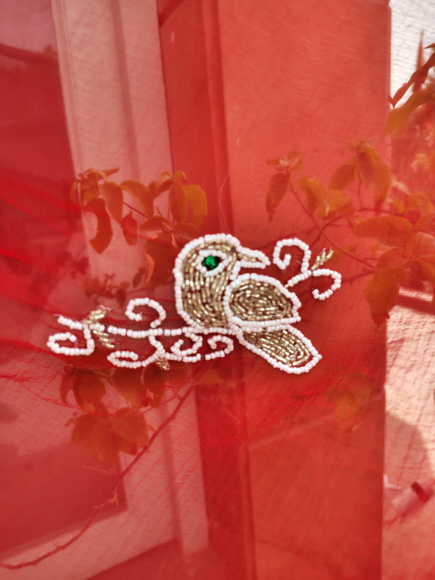 Red Color Chiffon Saree with Pearl Bird Work