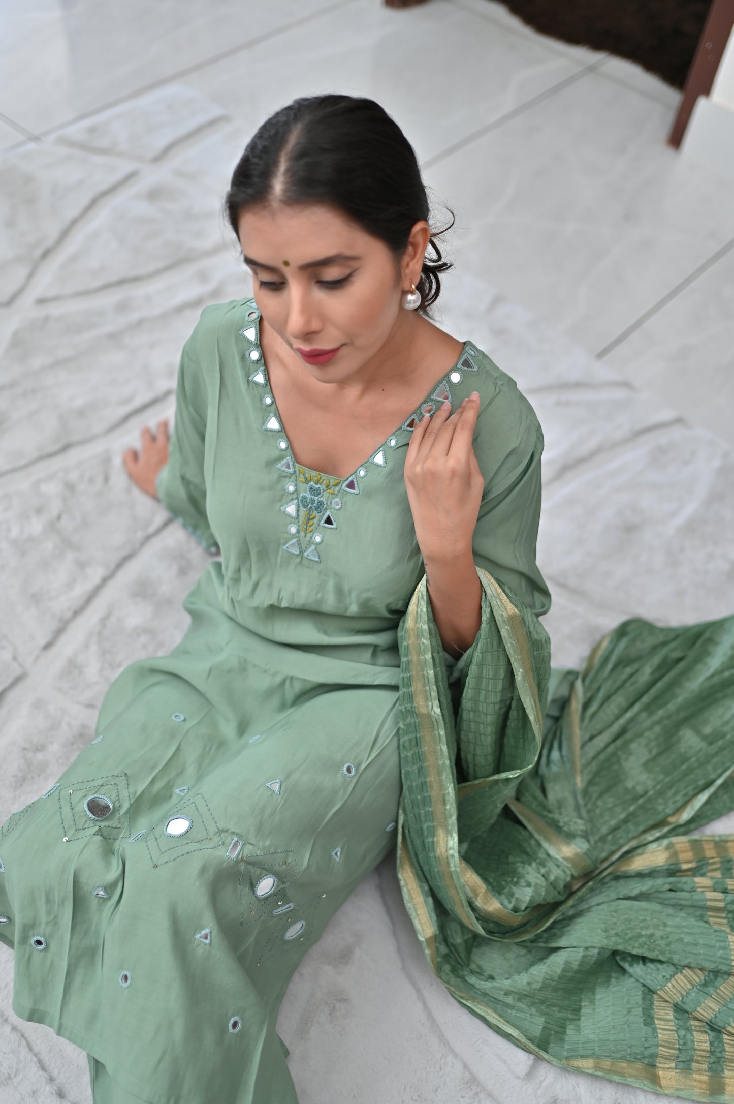 Sea Green Mirror Work Suit