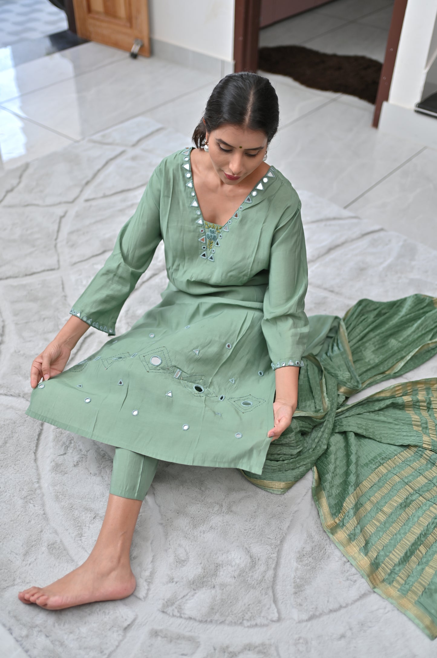 Sea Green Mirror Work Suit