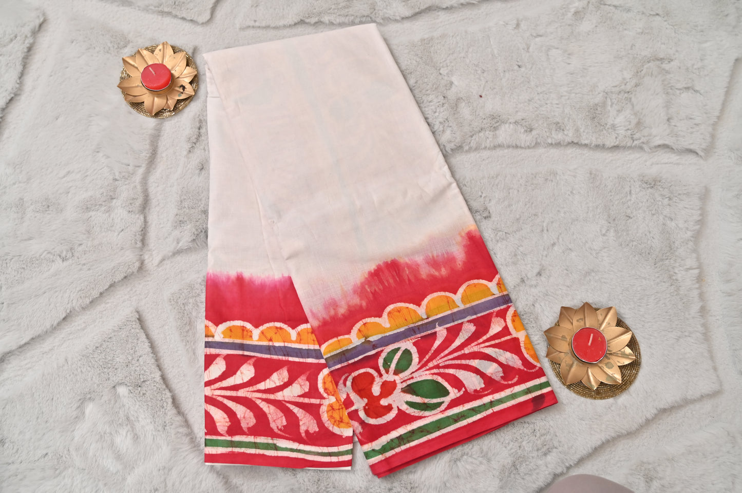 White and Red Vatik Print Saree