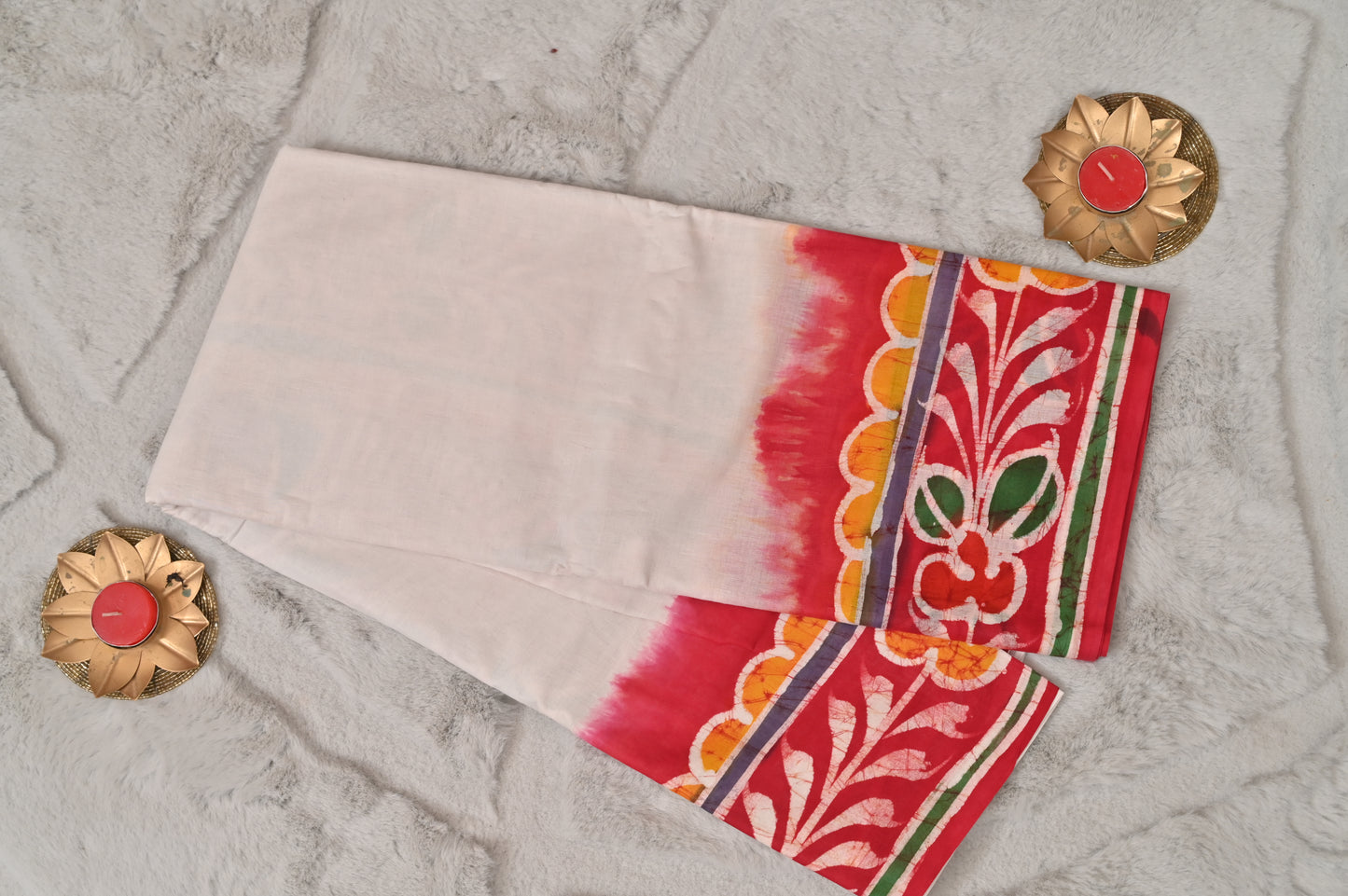 White and Red Vatik Print Saree