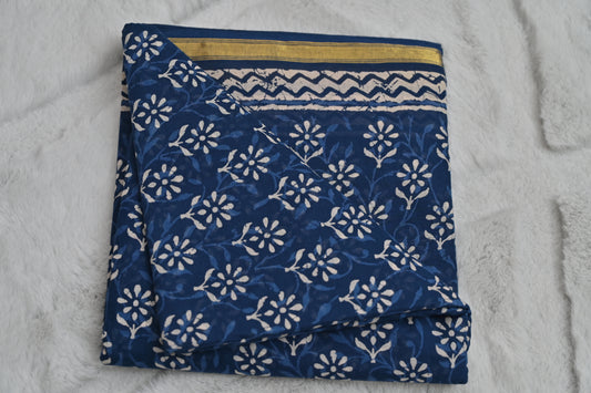 Pure Cotton Indigo Print Saree with Golden Border