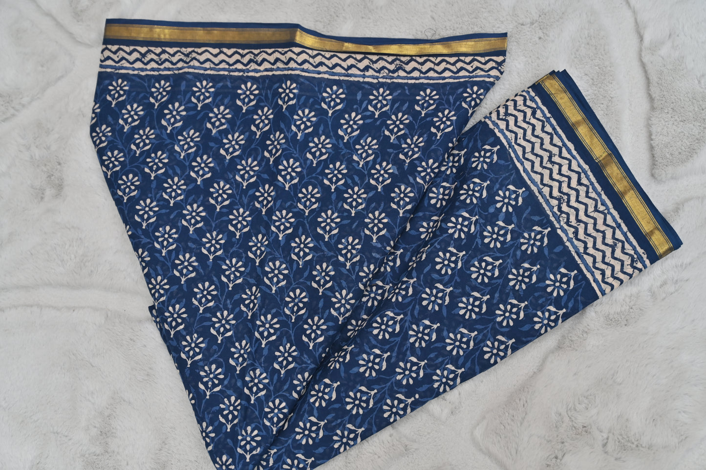 Pure Cotton Indigo Print Saree with Golden Border