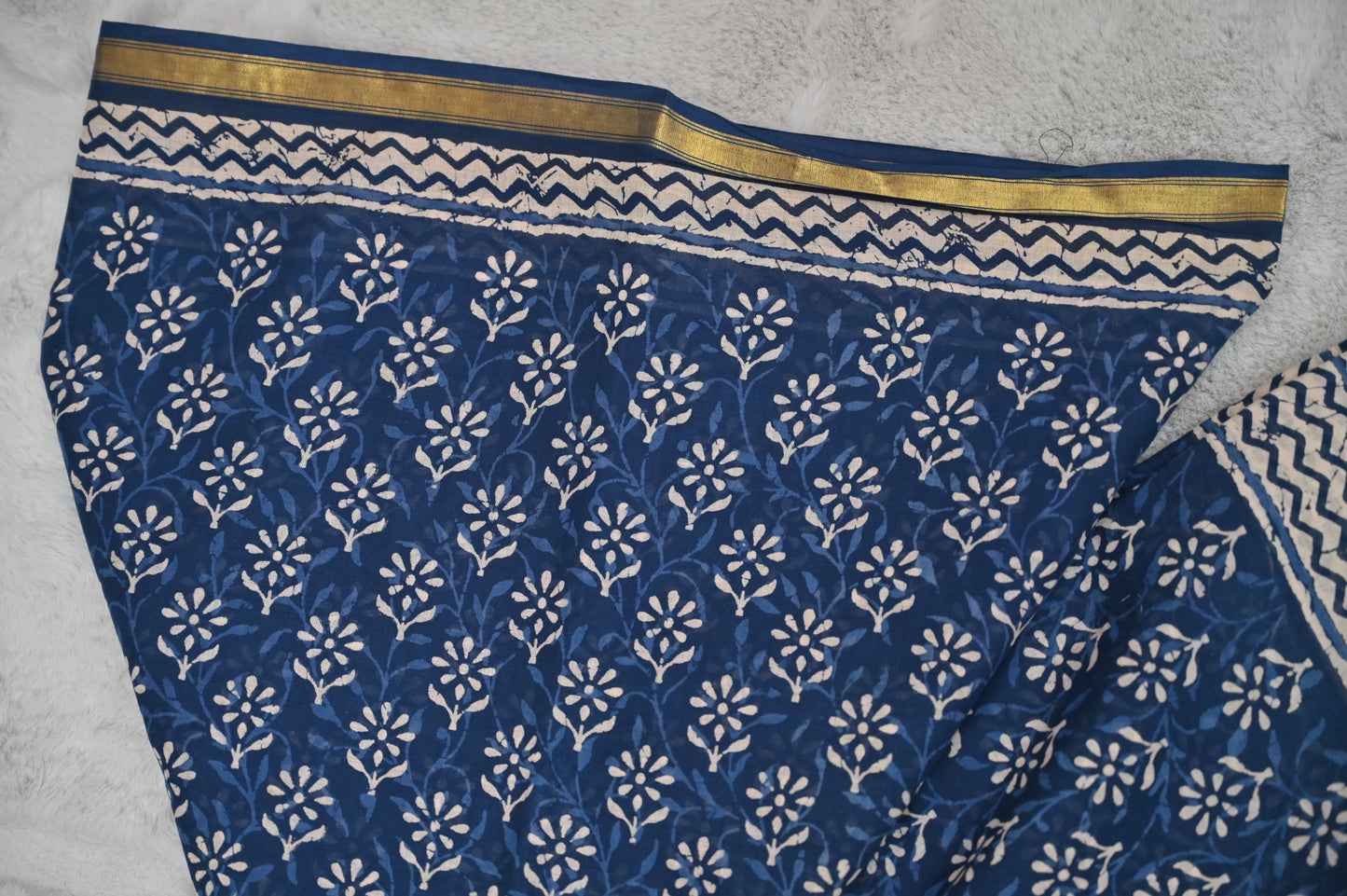 Pure Cotton Indigo Print Saree with Golden Border
