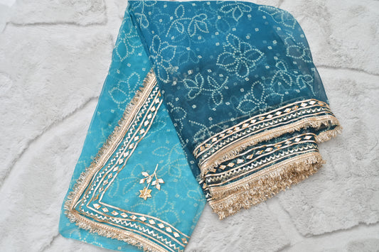 Peacock Blue Bandhani Saree with Gota Border