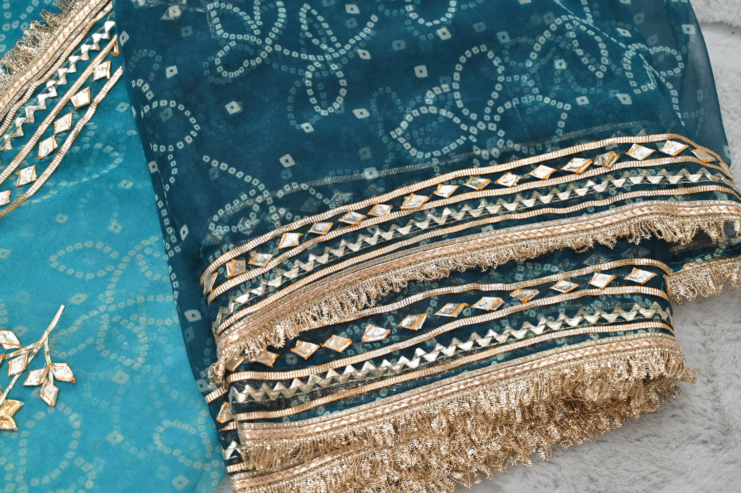 Peacock Blue Bandhani Saree with Gota Border