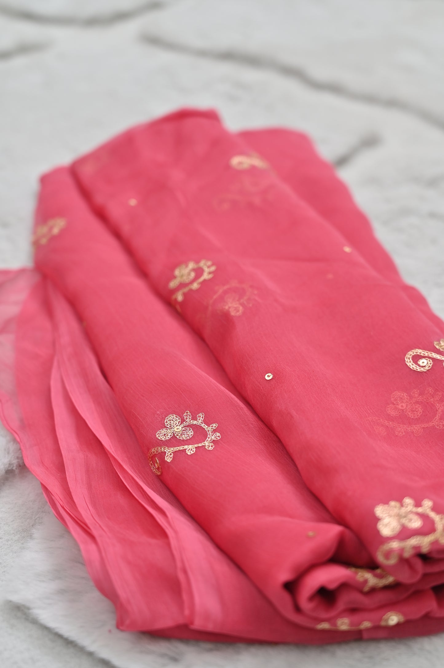 Gajari Pink Pure Chiffon Peta Work Saree