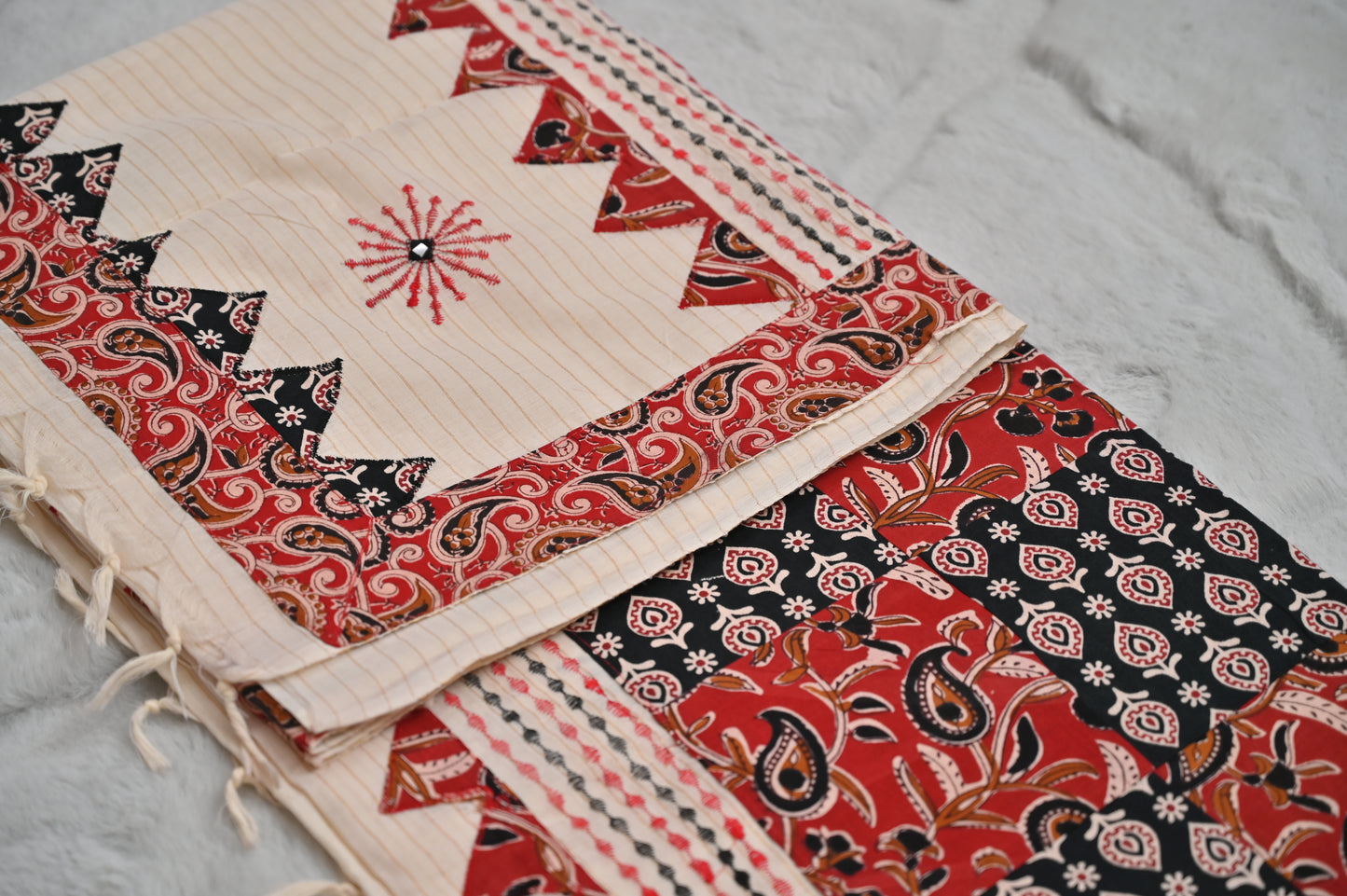 Soft Cotton Handloom Saree with Ajrak Patches