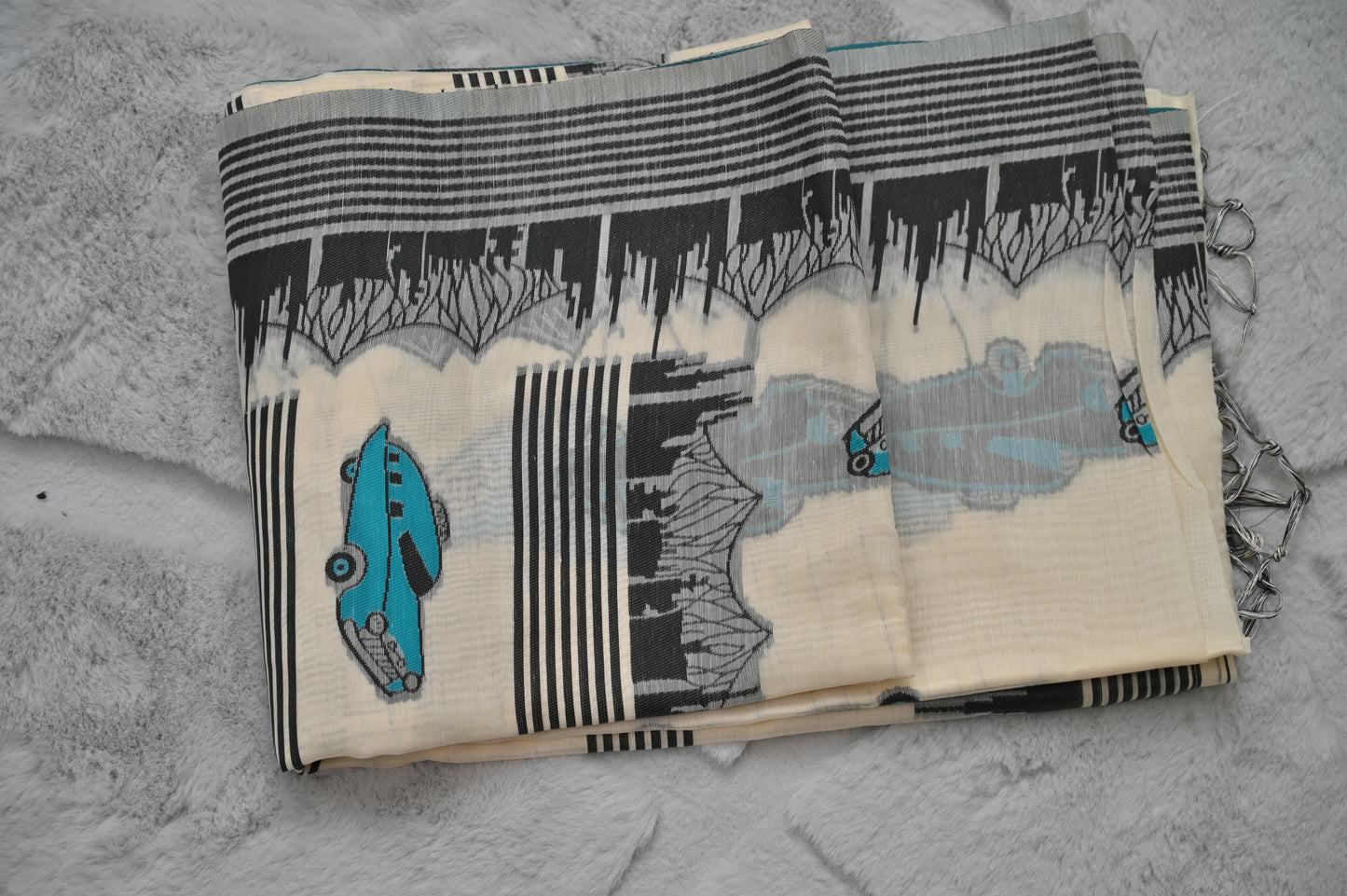 Soft Cotton Bengal Handloom Saree with Blue Taxi Print